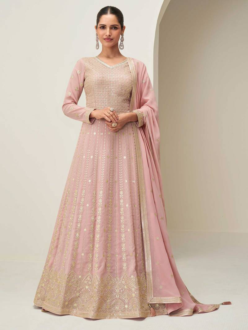Pink zari embroidery & sequins free size stitched anarkali salwar suit for women