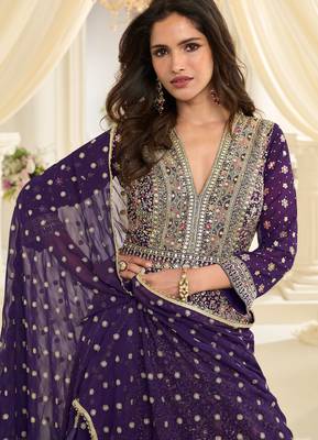Purple embroidered , sequins , stone & zarkhan work free size stitched anarkali salwar suit for women 2