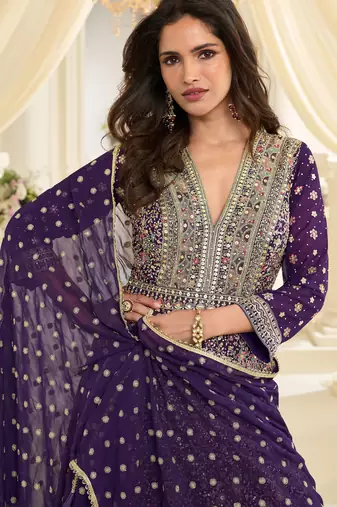 Purple embroidered , sequins , stone & zarkhan work free size stitched anarkali salwar suit for women