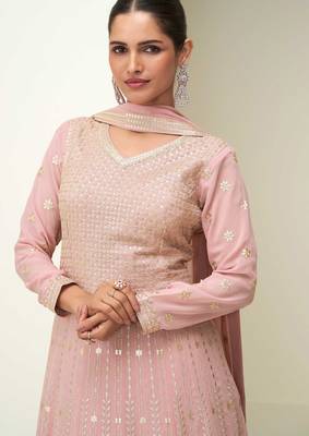 Pink zari embroidery & sequins free size stitched anarkali salwar suit for women 2