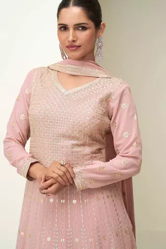 Pink zari embroidery & sequins free size stitched anarkali salwar suit for women