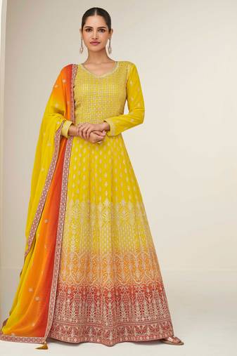 Mustard zari embroidery & sequins free size stitched anarkali salwar suit for women
