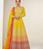 Mustard zari embroidery & sequins free size stitched anarkali salwar suit for women