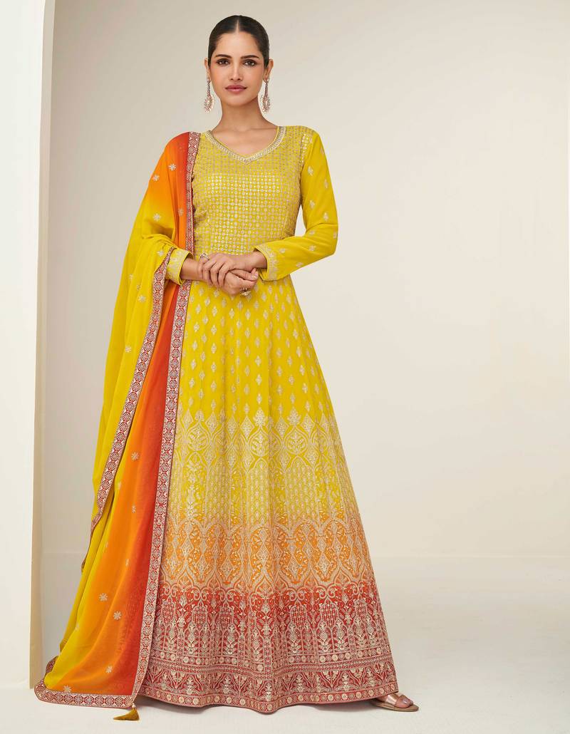 Mustard zari embroidery & sequins free size stitched anarkali salwar suit for women