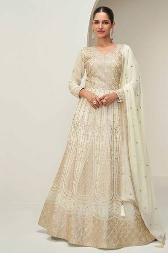 Off white zari embroidery & sequins free size stitched anarkali salwar suit for women