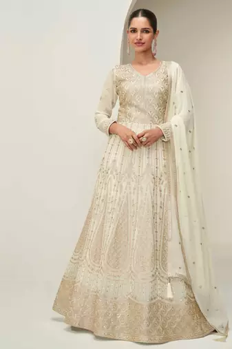 Off white zari embroidery & sequins free size stitched anarkali salwar suit for women