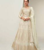 Off white zari embroidery & sequins free size stitched anarkali salwar suit for women