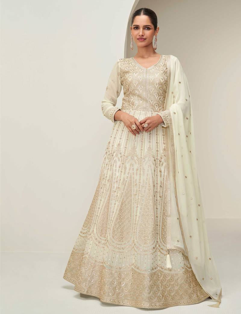 Off white zari embroidery & sequins free size stitched anarkali salwar suit for women