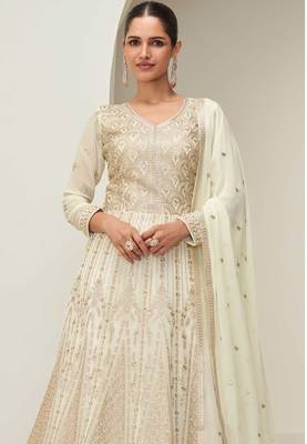 Off white zari embroidery & sequins free size stitched anarkali salwar suit for women 2