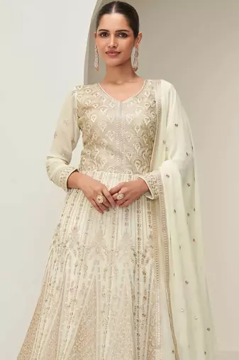 Off white zari embroidery & sequins free size stitched anarkali salwar suit for women