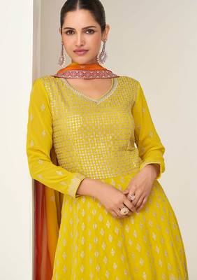Mustard zari embroidery & sequins free size stitched anarkali salwar suit for women 2