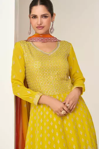 Mustard zari embroidery & sequins free size stitched anarkali salwar suit for women