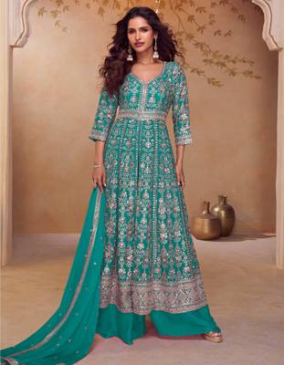 Turquoise blue embroidered  & sequins  free size stitched anarkali salwar suit for women 1
