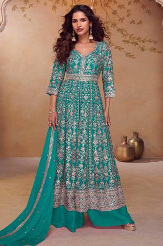 Turquoise blue embroidered  & sequins  free size stitched anarkali salwar suit for women