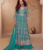Turquoise blue embroidered  & sequins  free size stitched anarkali salwar suit for women