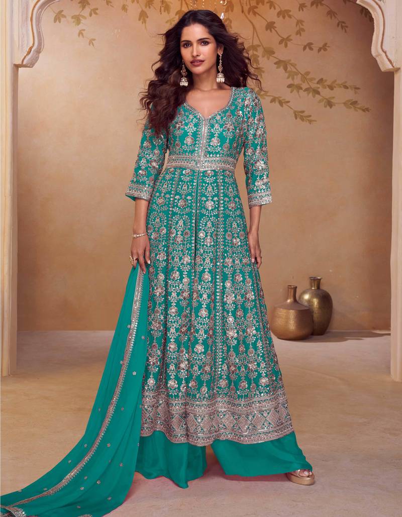 Turquoise blue embroidered  & sequins  free size stitched anarkali salwar suit for women