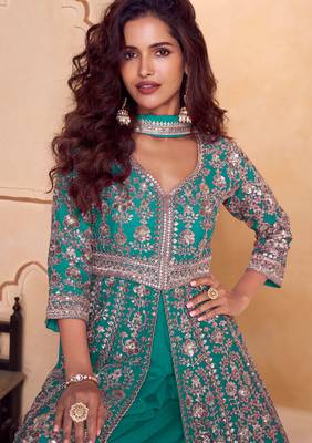 Turquoise blue embroidered  & sequins  free size stitched anarkali salwar suit for women 2