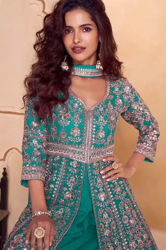 Turquoise blue embroidered  & sequins  free size stitched anarkali salwar suit for women