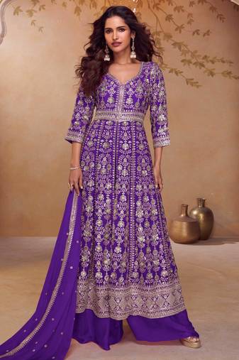 Purple embroidered  & sequins  free size stitched anarkali salwar suit for women