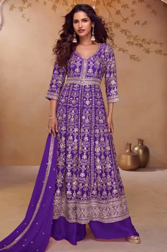Purple embroidered  & sequins  free size stitched anarkali salwar suit for women
