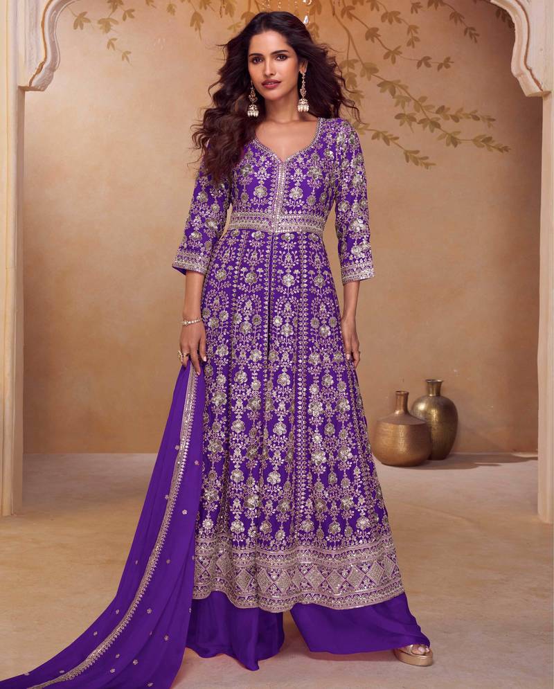 Purple embroidered  & sequins  free size stitched anarkali salwar suit for women