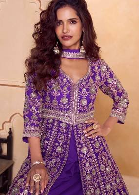 Purple embroidered  & sequins  free size stitched anarkali salwar suit for women 2