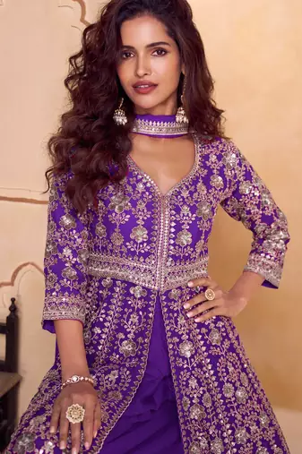 Purple embroidered  & sequins  free size stitched anarkali salwar suit for women