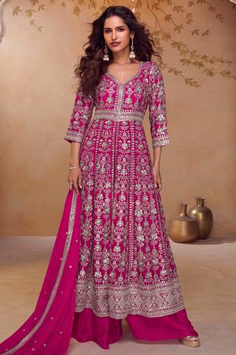 Pink embroidered  & sequins  free size stitched anarkali salwar suit for women