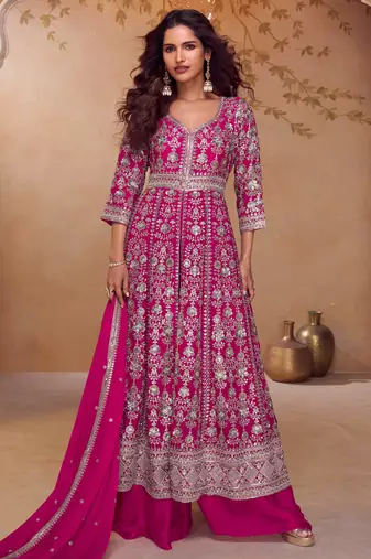 Pink embroidered  & sequins  free size stitched anarkali salwar suit for women