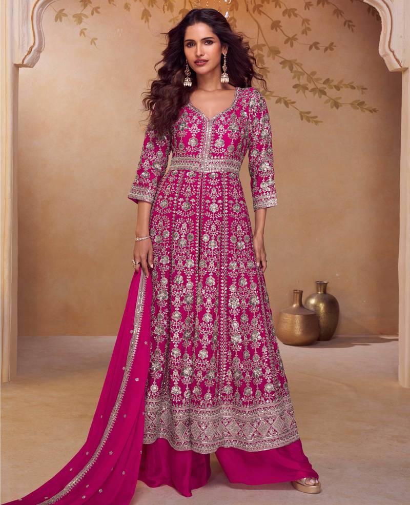 Pink embroidered  & sequins  free size stitched anarkali salwar suit for women