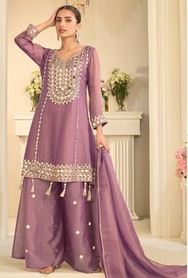 Lilac zari embroidery & mirror work free size stitched salwar suit for women 1