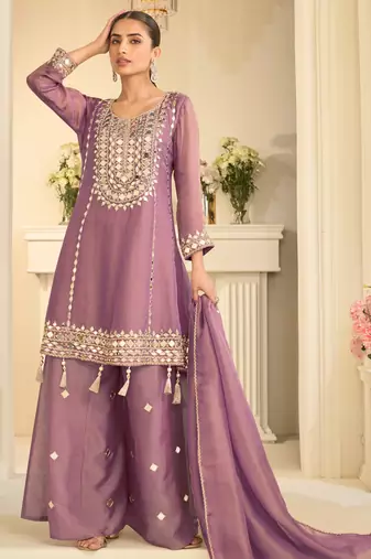 Lilac zari embroidery & mirror work free size stitched salwar suit for women