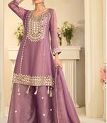 Lilac zari embroidery & mirror work free size stitched salwar suit for women
