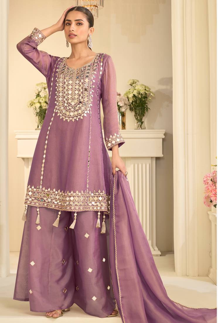 Lilac zari embroidery & mirror work free size stitched salwar suit for women