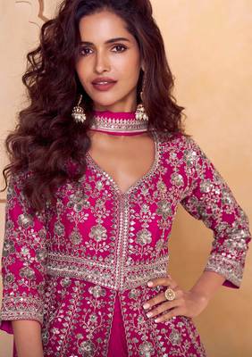Pink embroidered  & sequins  free size stitched anarkali salwar suit for women 2