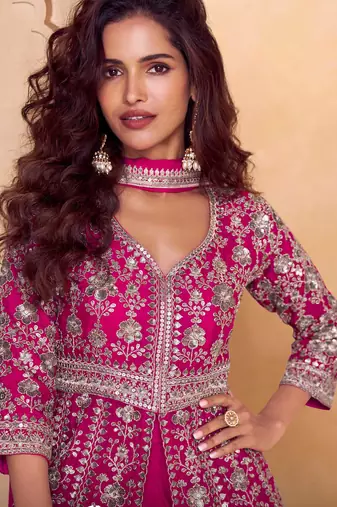 Pink embroidered  & sequins  free size stitched anarkali salwar suit for women