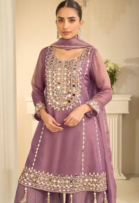 Lilac zari embroidery & mirror work free size stitched salwar suit for women 2