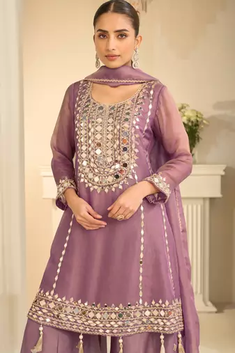 Lilac zari embroidery & mirror work free size stitched salwar suit for women