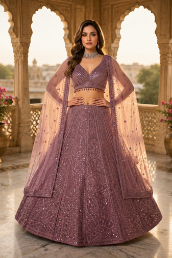 dark mauve heavy embroidered sequins silk lehenga set