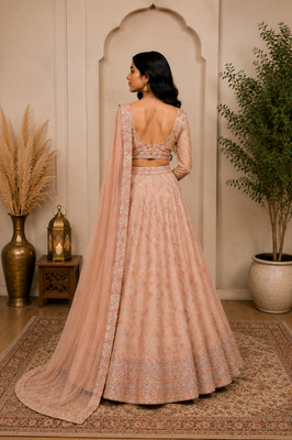 light peach georgette mirror work lehenga set 2