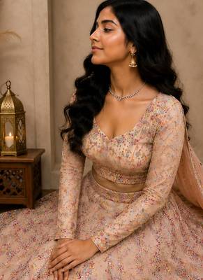 light peach georgette mirror work lehenga set 3
