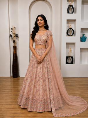 light peach georgette mirror work lehenga set 1