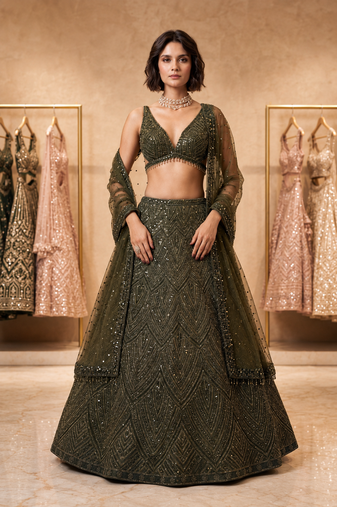 green floral sequins embroidery peplum chinon lehenga set