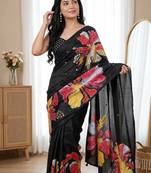 Black Color Flower Print And Real Mirror work Silk Saree