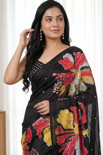 Black Color Flower Print And Real Mirror work Silk Saree