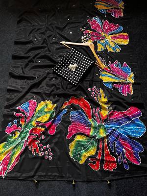 Black Color Flower Print And Real Mirror work Silk Saree 3