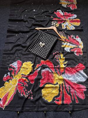Black Color Flower Print And Real Mirror work Silk Saree 4
