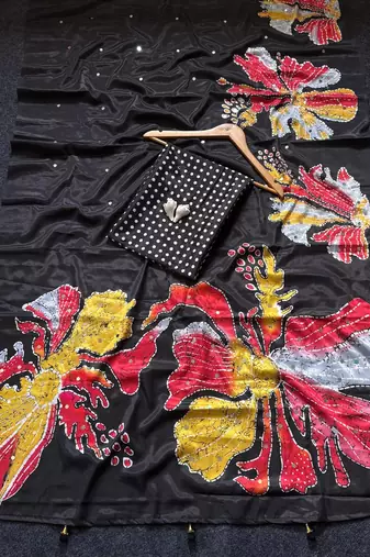 Black Color Flower Print And Real Mirror work Silk Saree