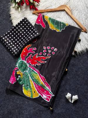 Black Color Flower Print And Real Mirror work Silk Saree 5