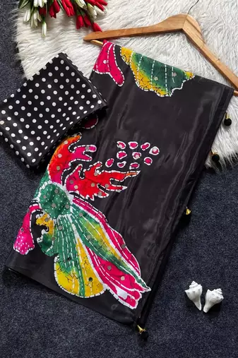 Black Color Flower Print And Real Mirror work Silk Saree